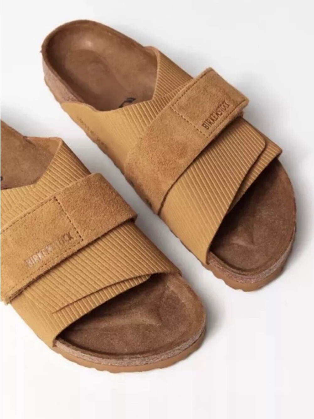 New Birkenstock Kyoto Slide Sandal Suede Embossed Corduroy Cork Brown
